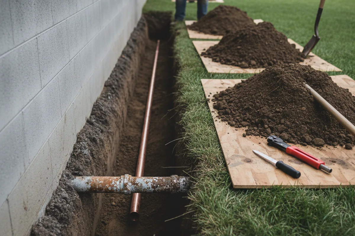 Excavated water line trench during Sewer Line Repair in Schooleys Mountain